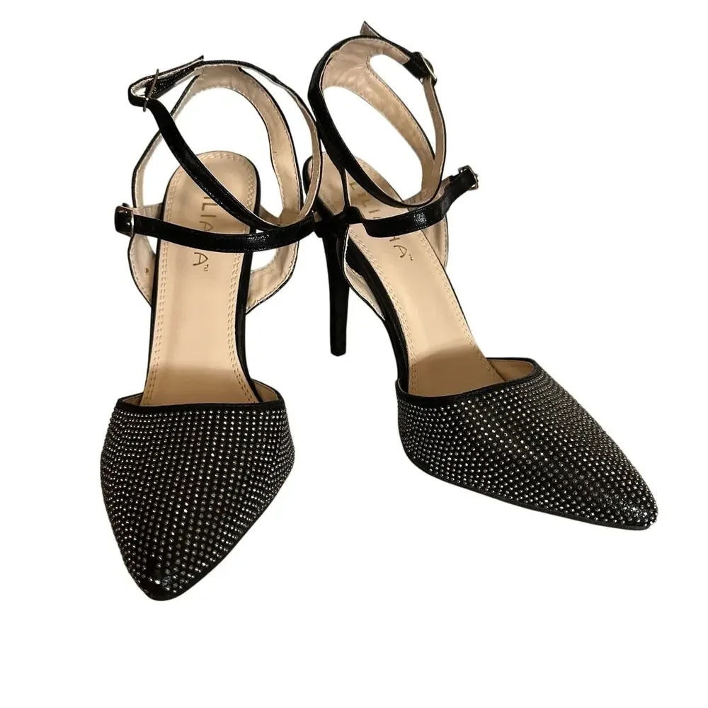 Liliana Womens Size‎ 10 Heels Pumps Stiletto Black Rhinestones Ankle Strap - Picture 2 of 13